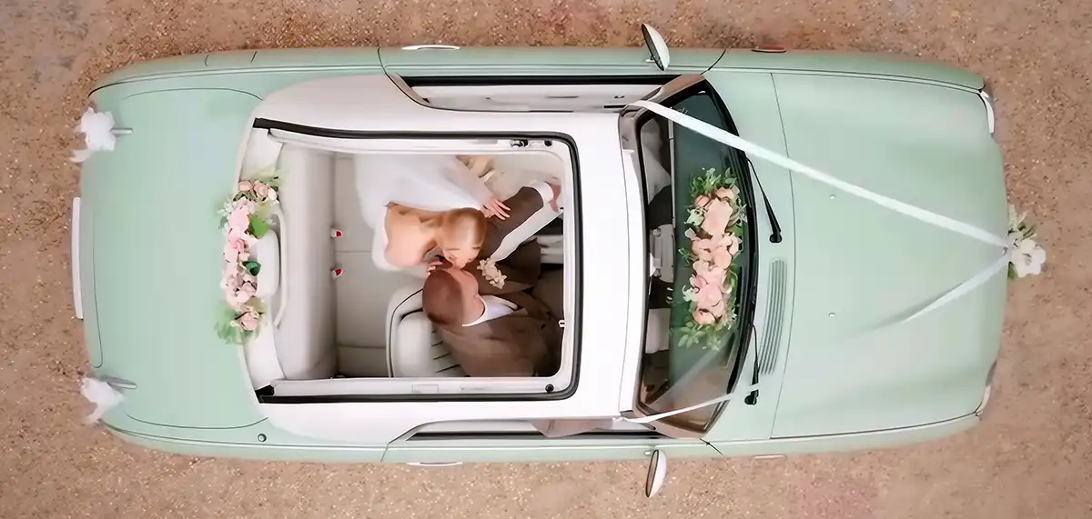 Florence the Nissan Figaro wedding car photographed from above