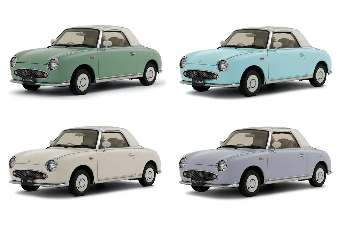 The four factory colours of the Nissan Figaro: Emerald Green, Pale Aqua, Topaz Mist and Lapis Grey